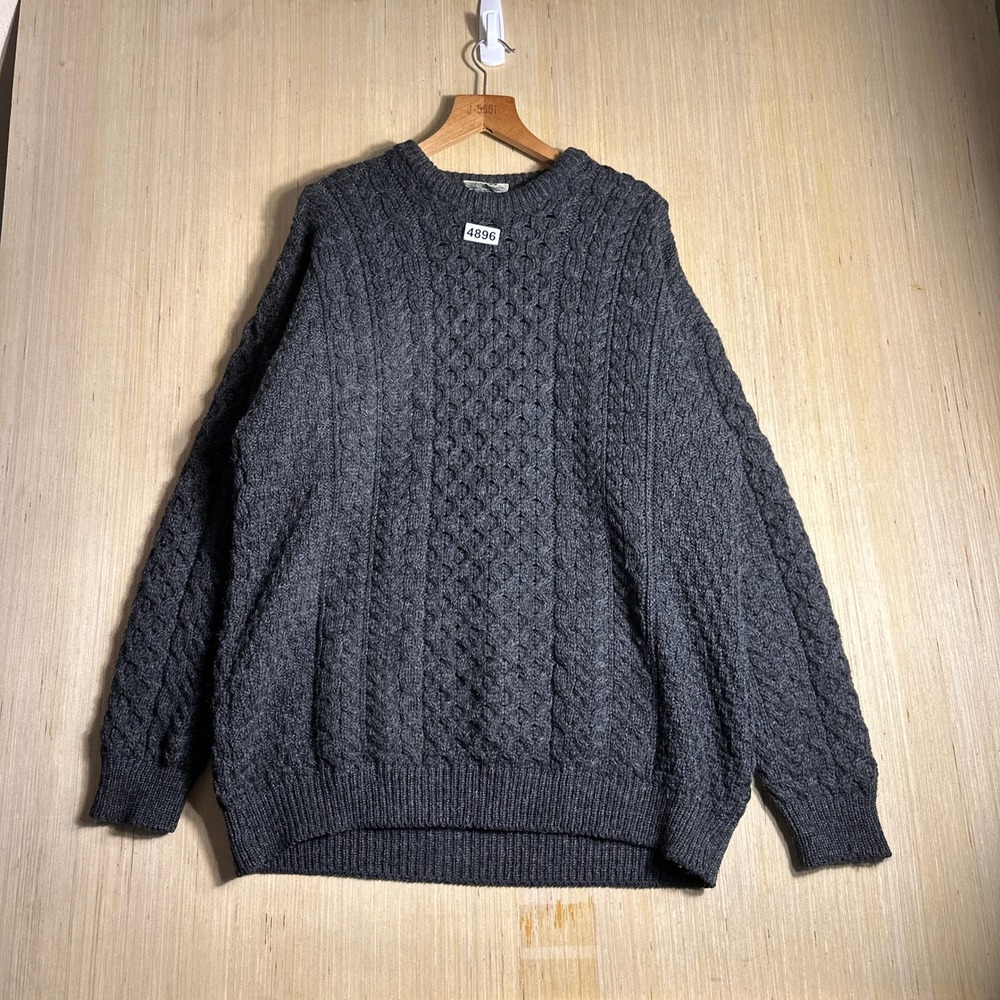 Vintage Carraig Cable Knit Sweater Mens XL Charcoal Gray 80 Wool Made in Ireland